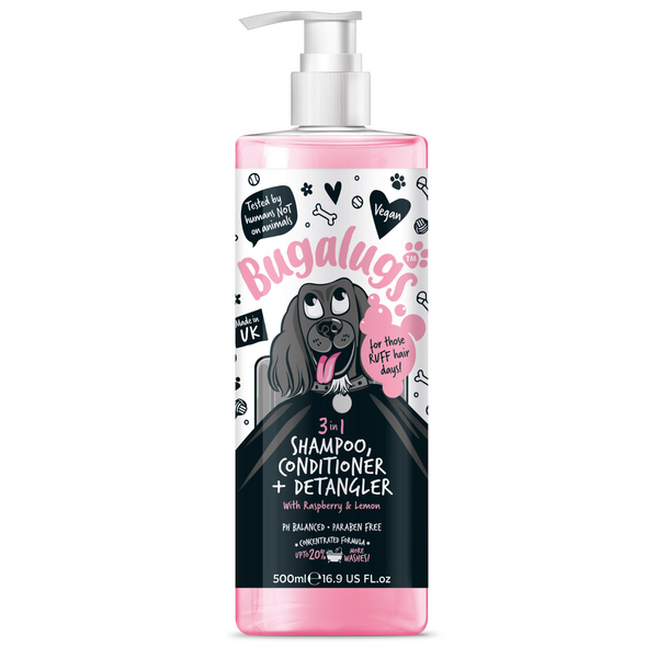 Bugalugs 3 in 1 Raspberry & Lemon Shampoo Conditioner & Detangler for Dogs - 500ML