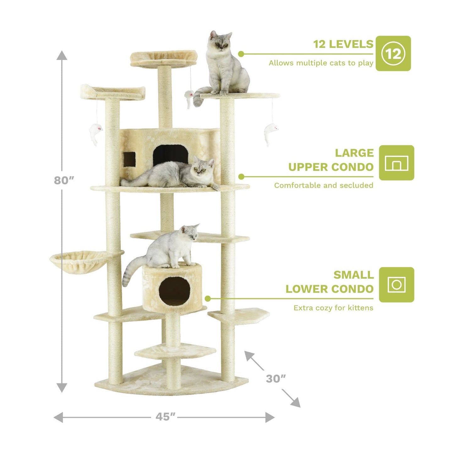 Go Pet Club 80" Classic Cat Tree House Furniture with Sisal Scratching Post Overall Size : 30"L x 45"W x 80"H