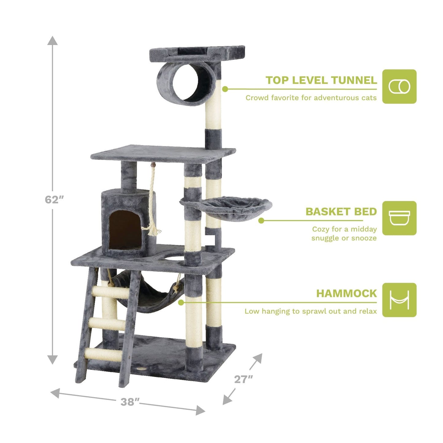 Go Pet Club 62" Classic Cat Tree with Sisal Covered PostsOverall Size : 27"L x 38"W x 62"H