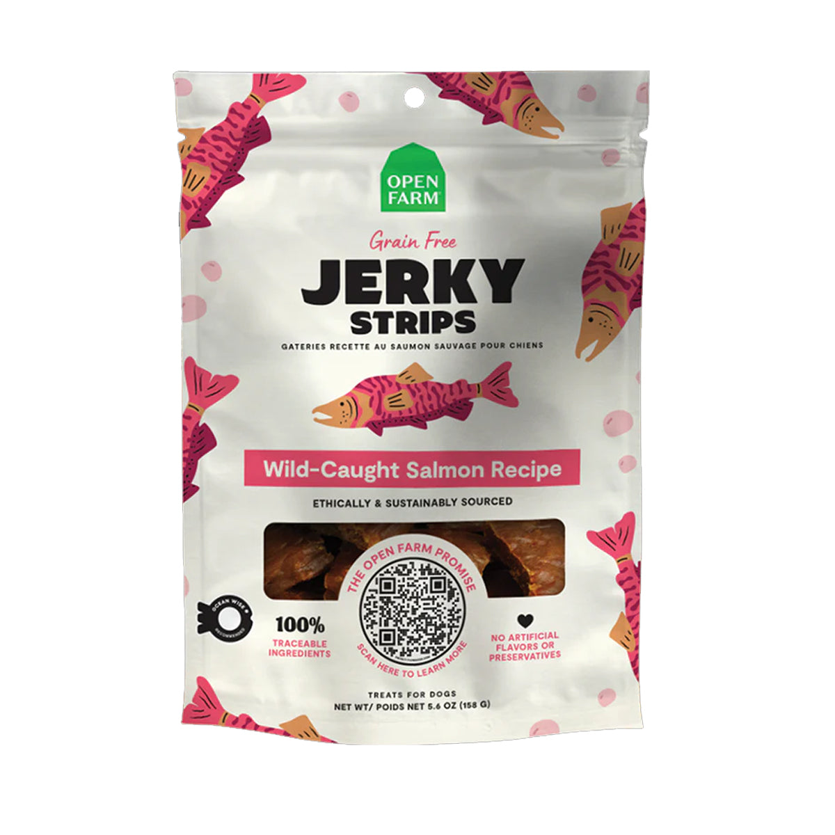 Open Farm Grain Free Jerky Strips Wild Caught Salmon Dog Treat - 158G