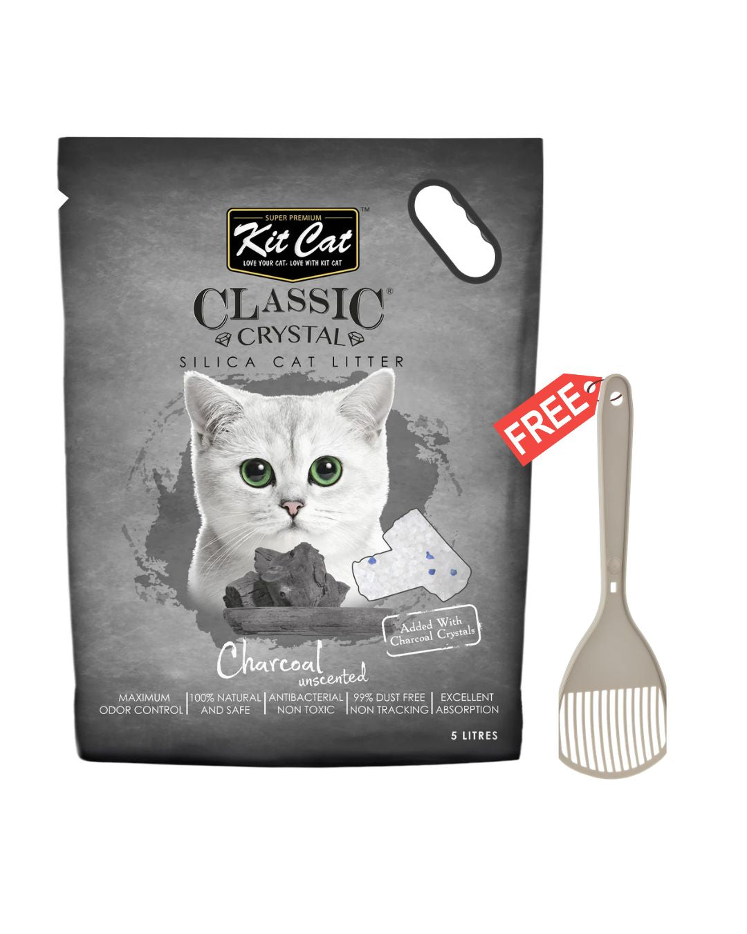 Kit Cat Classic Crystal Cat Litter - Charcoal Unscented (5 Litres) - Free Scoop