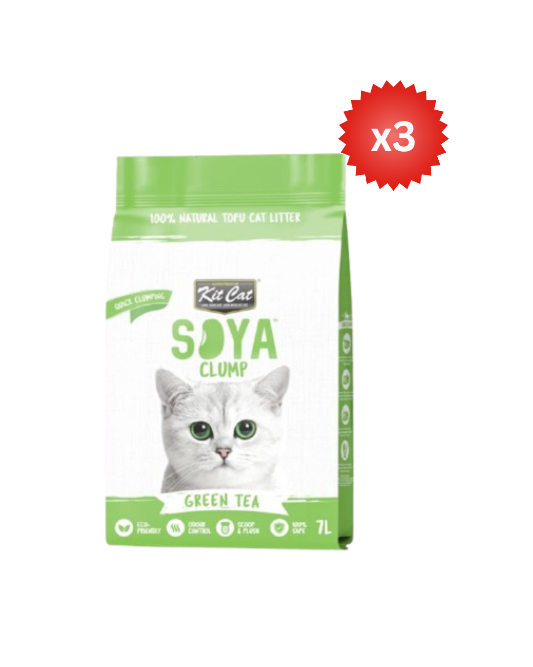 Kit Cat Soya Clump Soybean Litter - Green Tea 7L - Pack of 3