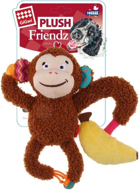 GiGwi Plush Friendz Monkey with Squeaker and Crinkle Medium Dog Toy