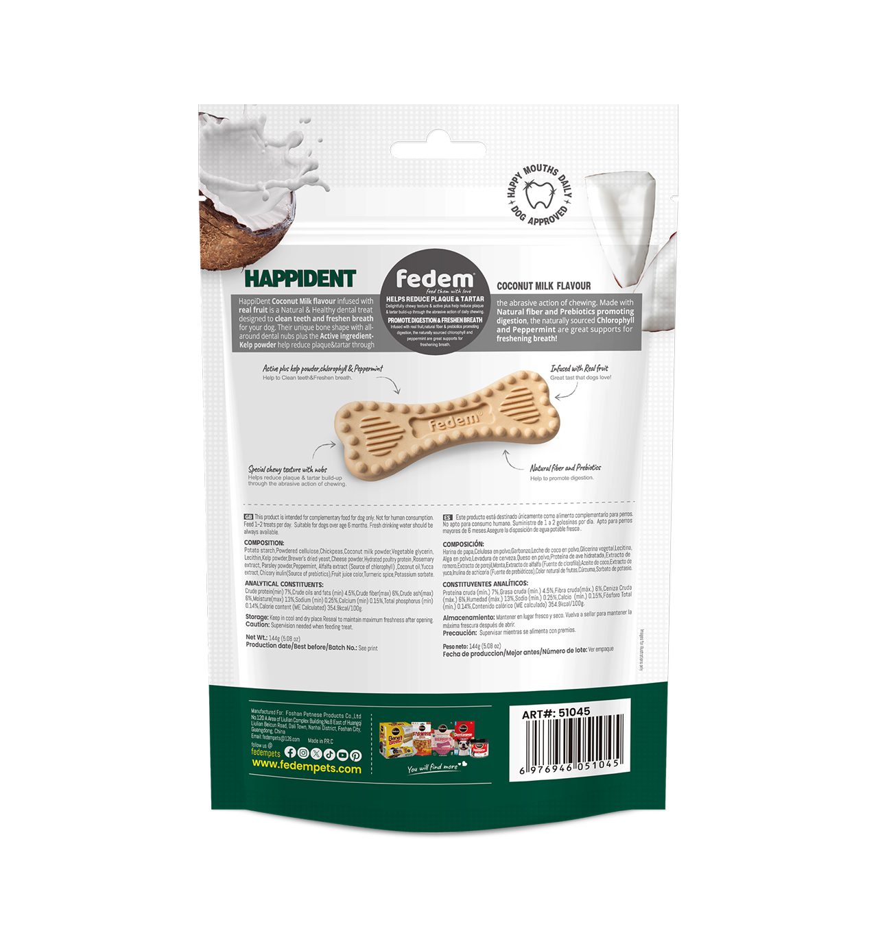 Fedem Happident Petite Dog Treats – Coconut Milk Flavour 144g (18 pcs)