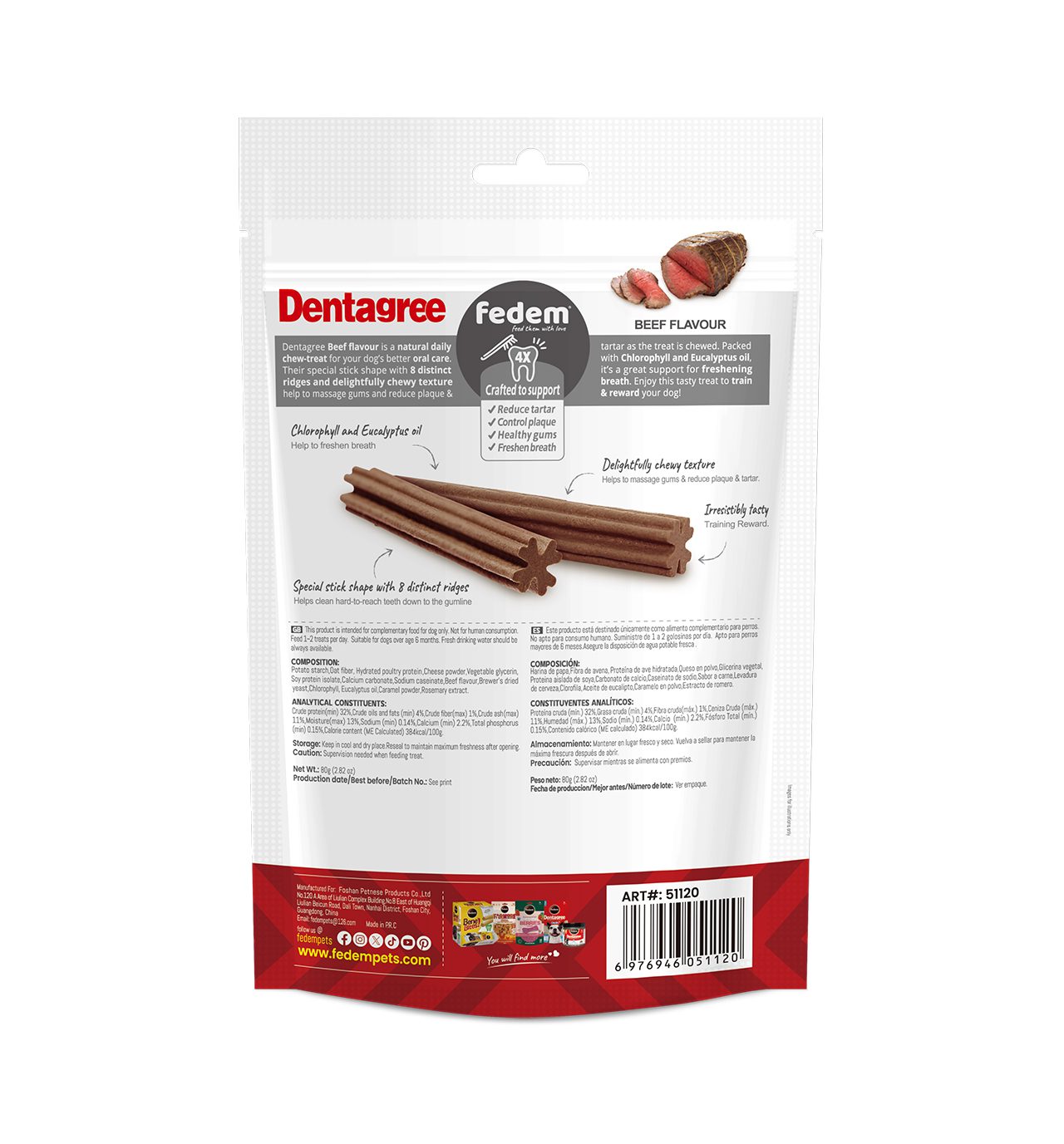 Fedem Dentagree Regular Dental Stix for Dogs –Beef Flavour 80g(8 pcs)