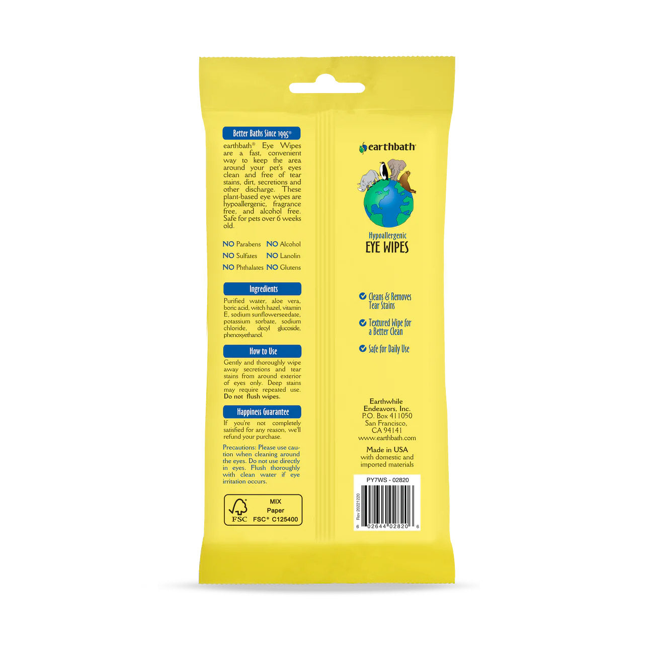 Earthbath Hypoallergenic Eye Wipes (Witch Hazel & Aloe) - 30 Wipes