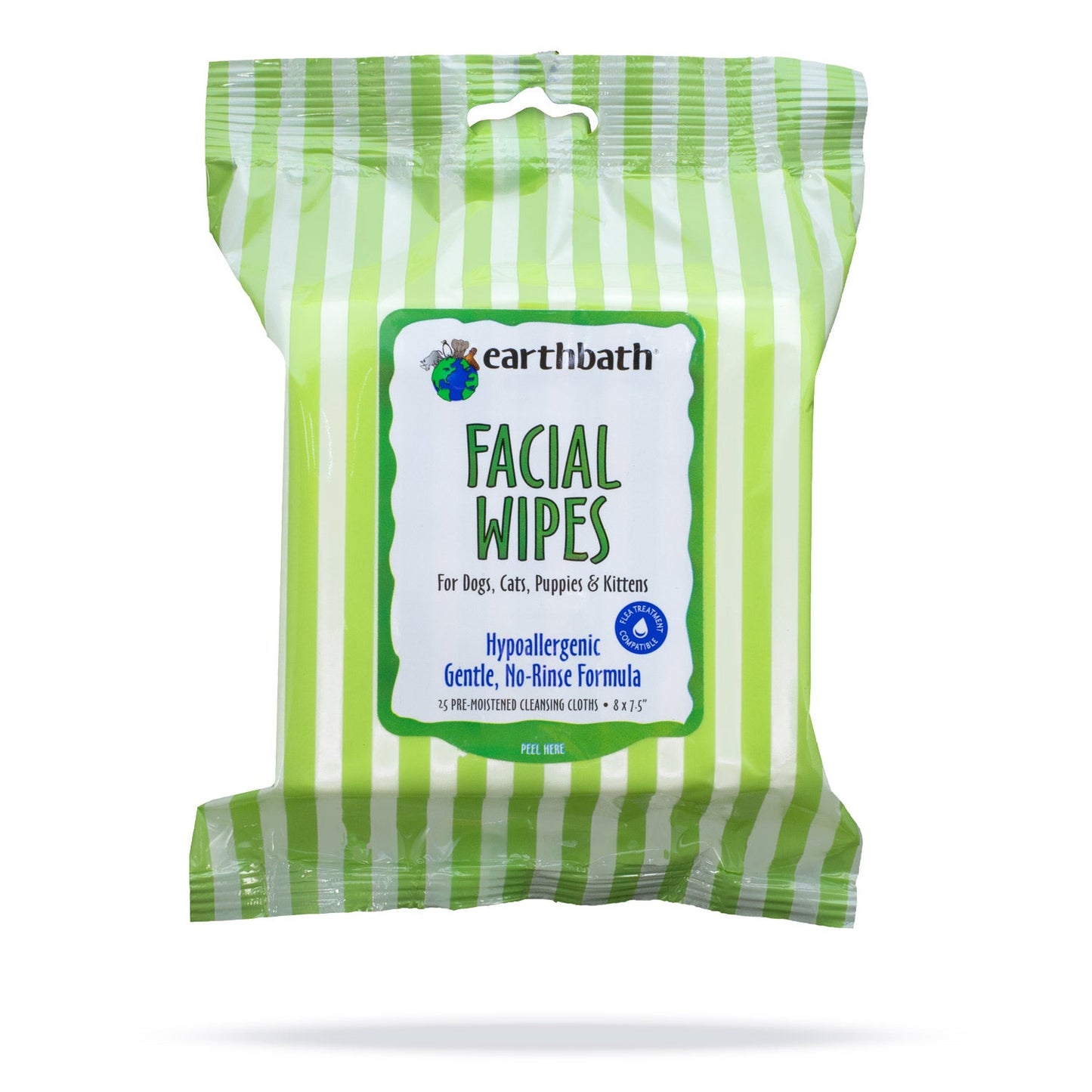 earthbathÂ® Facial Wipes, Hypo-Allergenic Cucumber Melon for Dogs, Cats, Puppies &lamp; Kittens, 25 ct re-sealable package