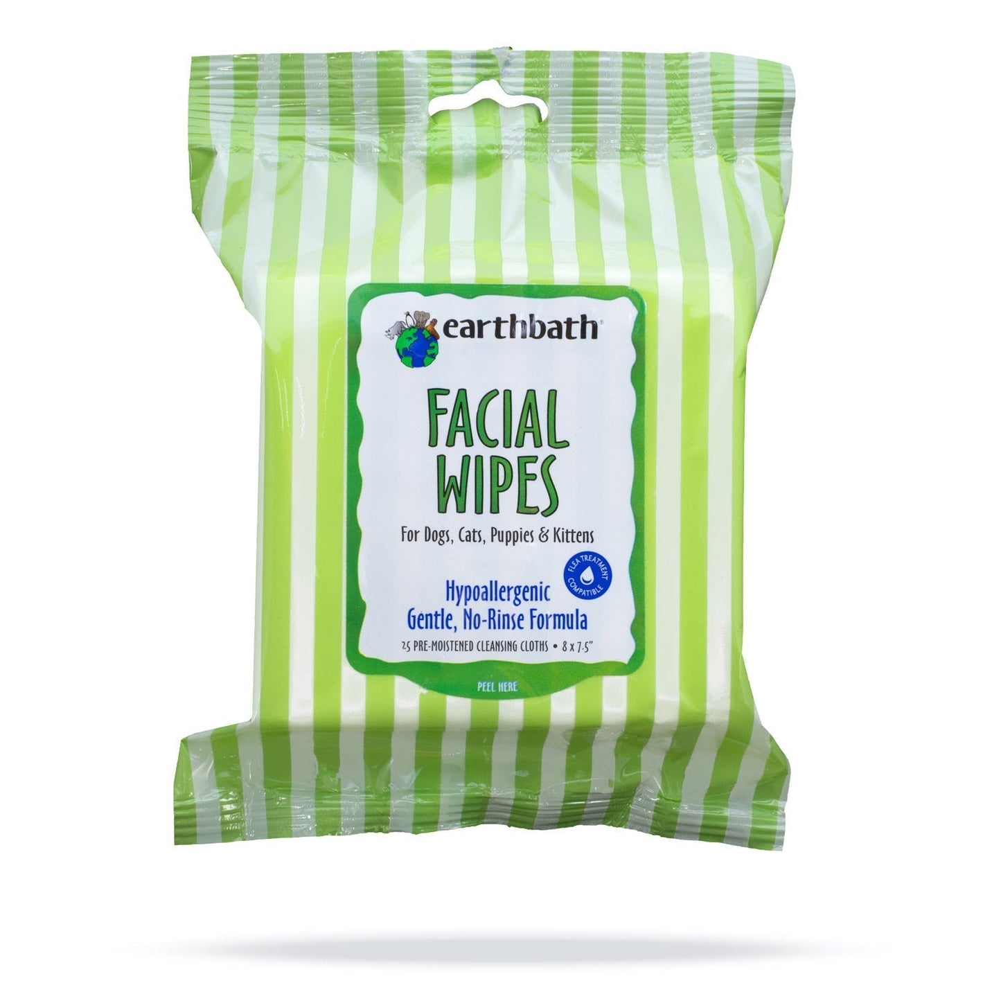 earthbath® Facial Wipes, Hypo-Allergenic Cucumber Melon for Dogs, Cats, Puppies &amp; Kittens, 25 ct re-sealable package