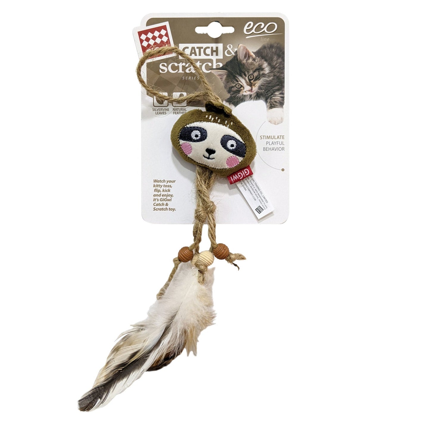 Sloth Catch &amp; Scratch Eco line with Slivervine Leaves and Natural Feather