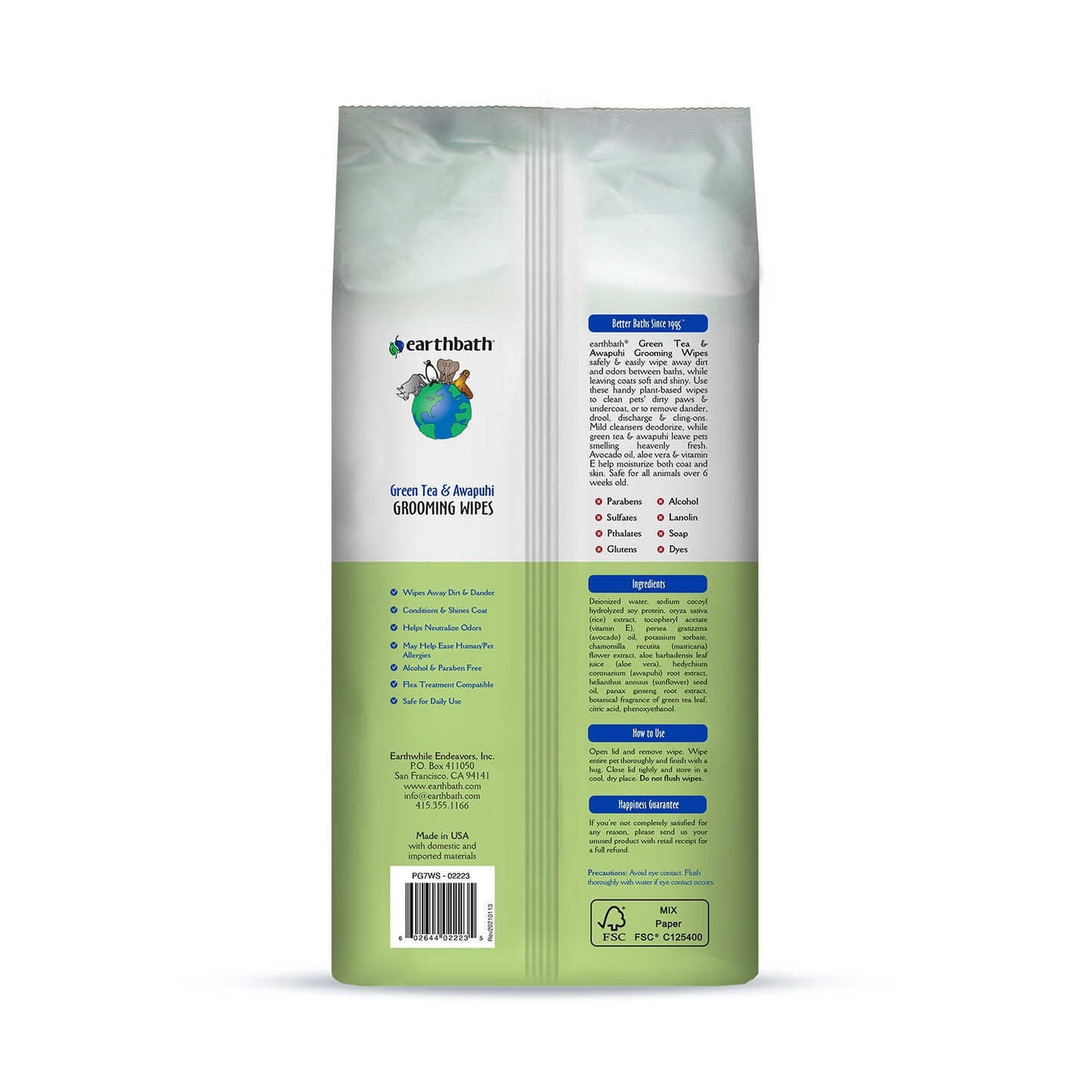 earthbathÂ® Grooming Wipes, Green Tea &amp; Awapuhi, 100 ct