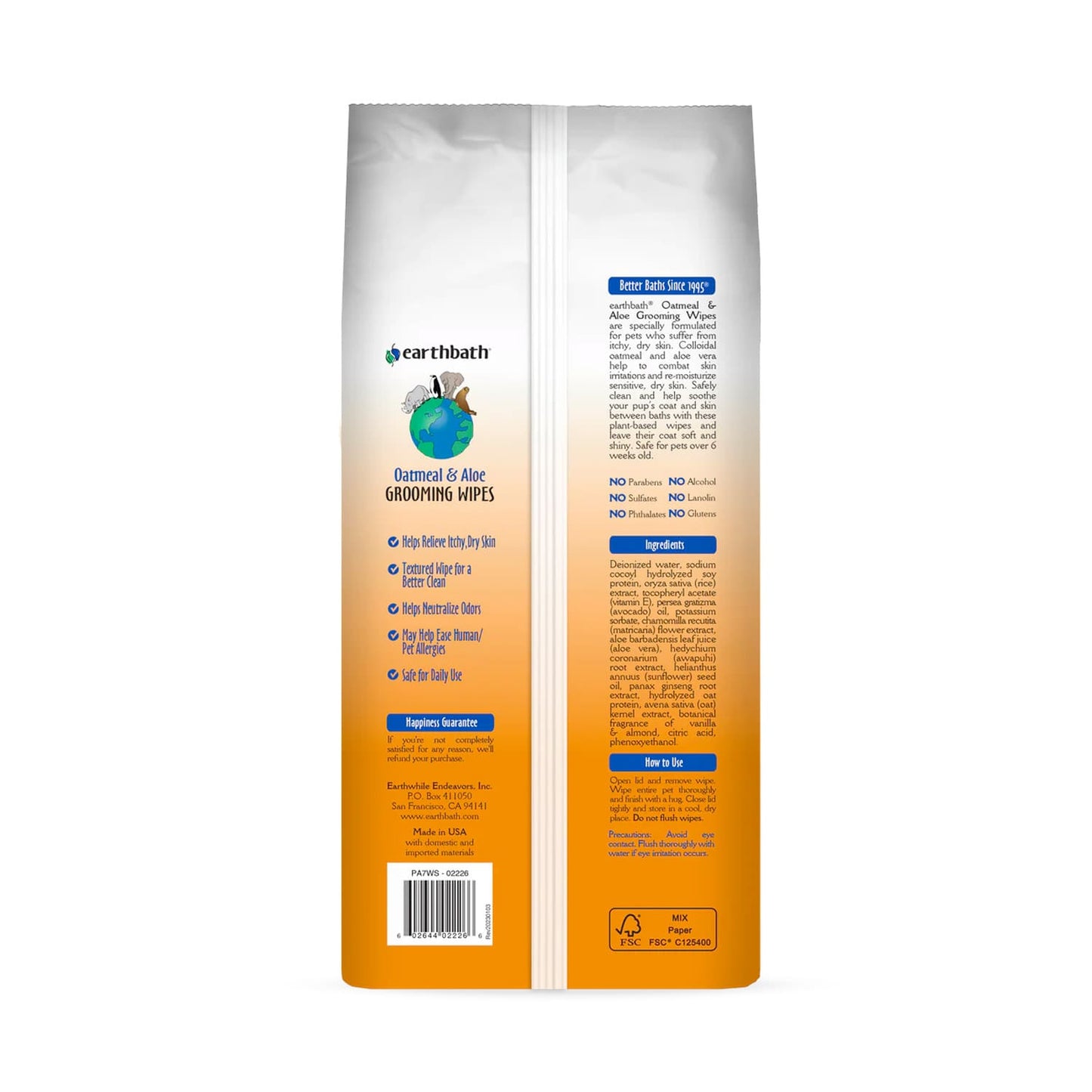 Earthbath Grooming Wipes - Oatmeal & Aloe 100 ct