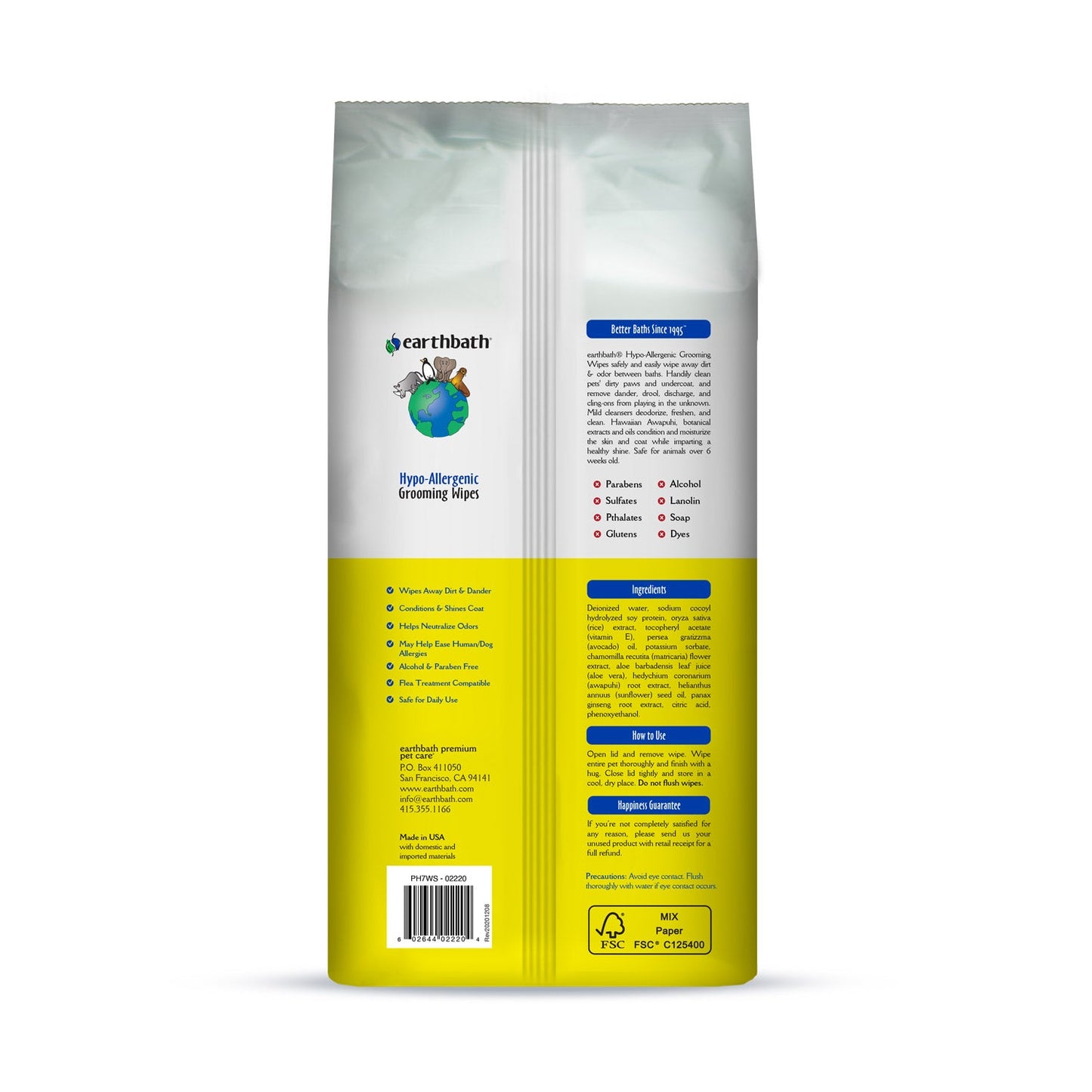 earthbathÂ® Hypo-Allergenic Grooming Wipes, Fragrance Free, Cleans &amp; Conditions, 100 ct plant-based wipes in re-sealable pouch