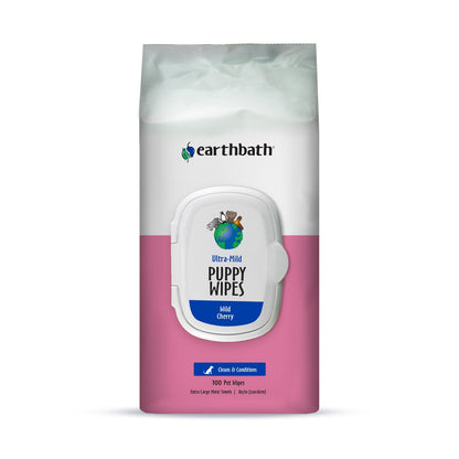 earthbathÂ® Ultra-Mild Puppy Wipes, Wild Cherry, Cleans &amp; Conditions, 100 ct plant-based wipes in re-sealable pouch