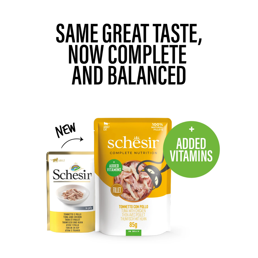Schesir Complete & Balanced Nutrition Wet Cat Food in Jelly Pouch- Tuna With Chicken 6x85g