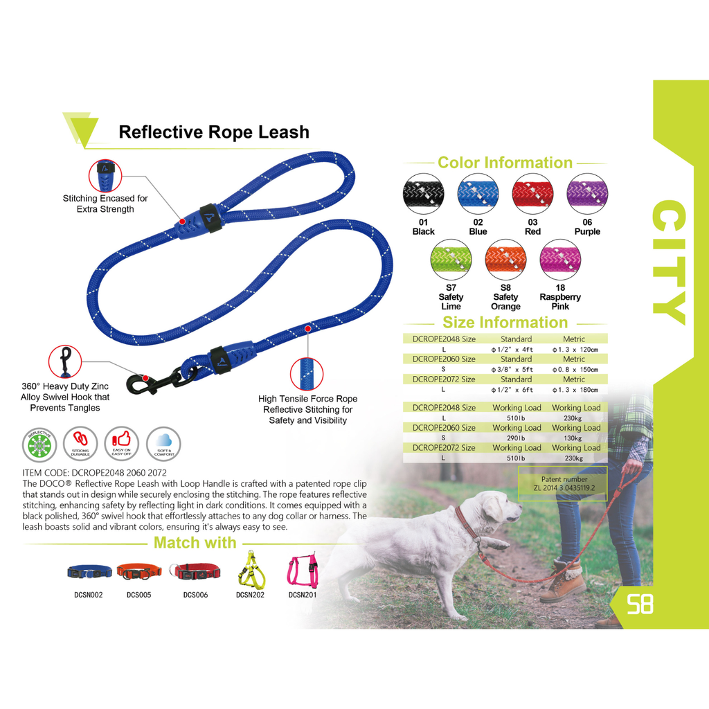DOCO Reflective Rope Leash With Plastic Encased Handle Loop Ver.9 Ã˜13mm x 180cm [Color - Blue, Size-L]