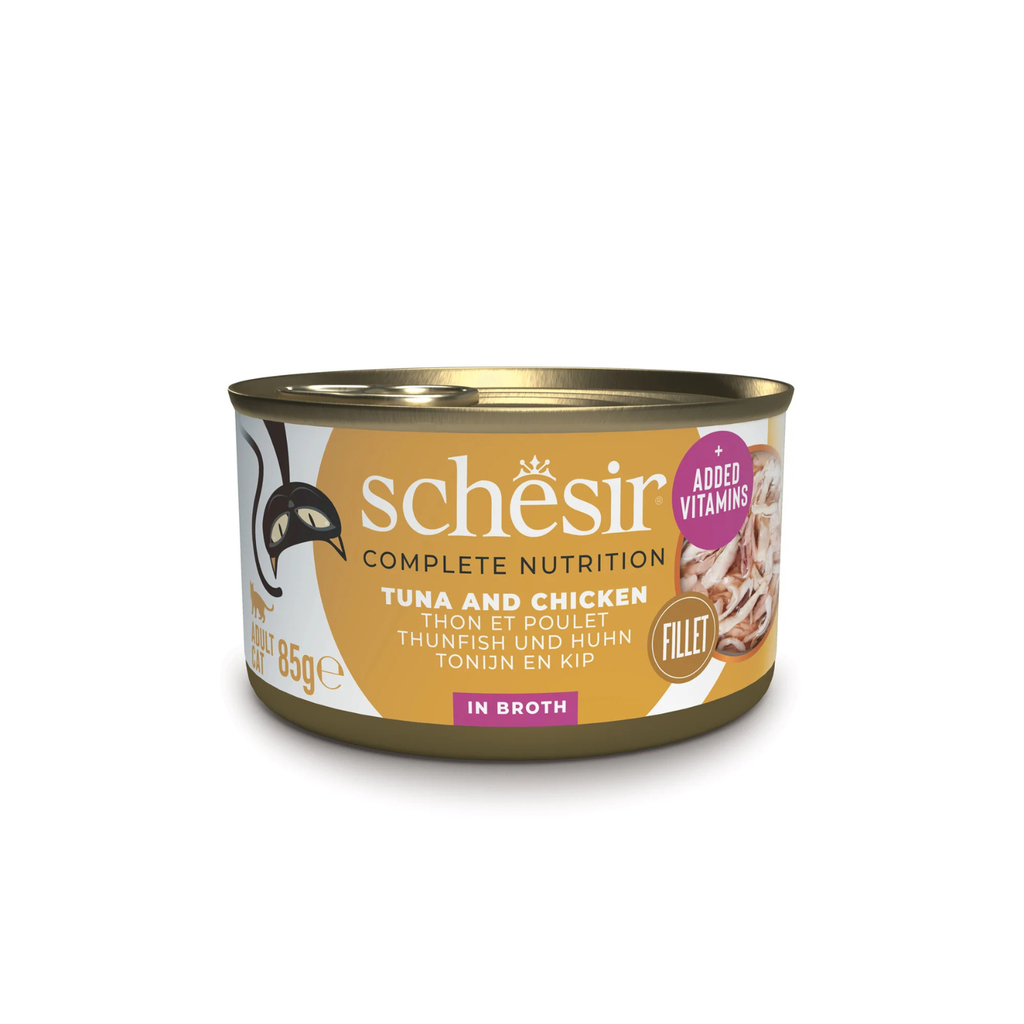 Schesir Complete & Balanced Nutrition Wet Cat Food in Broth Can- Tuna With Chicken 85g