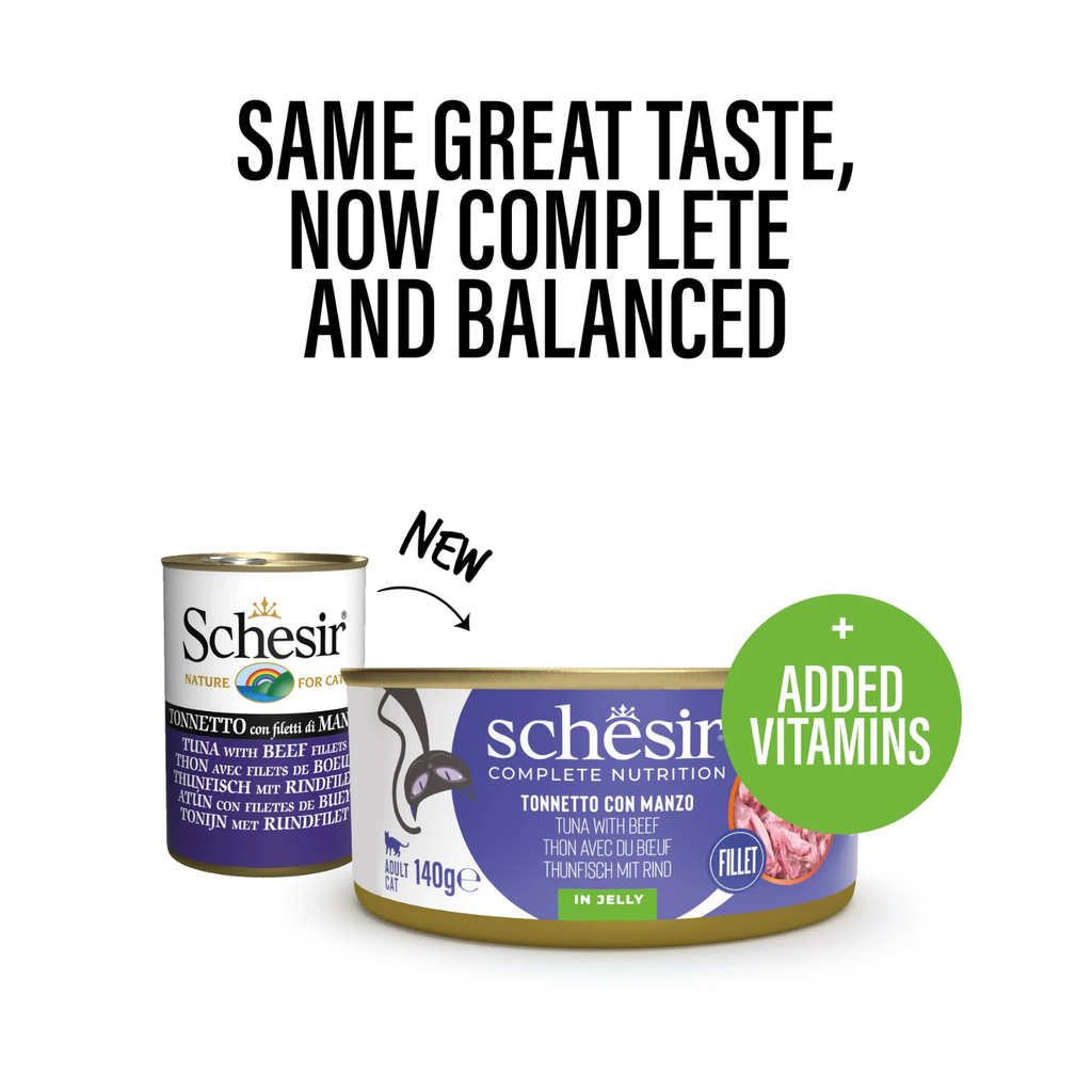 Schesir Complete & Balanced Nutrition Wet Cat Food in Jelly Can- Tuna With Beef 8x140g