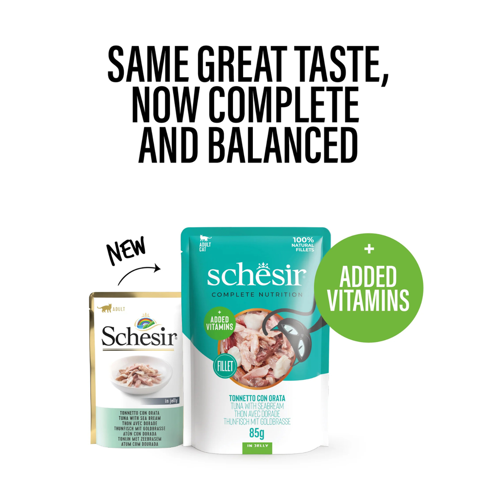 Schesir Complete & Balanced Nutrition Wet Cat Food in Jelly Pouch- Tuna With Seabreem 6x85g