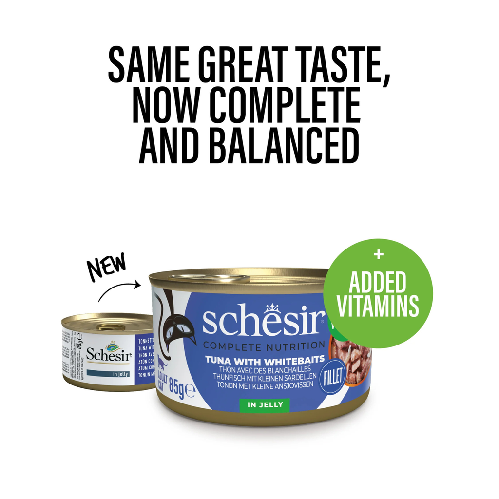 Schesir Complete & Balanced Nutrition Wet Cat Food in Jelly Can- Tuna With Whitebait 6x85g