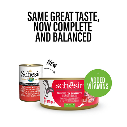 Schesir Complete & Balanced Nutrition Wet Cat Food in Jelly Can- Tuna With Shrimp 140g