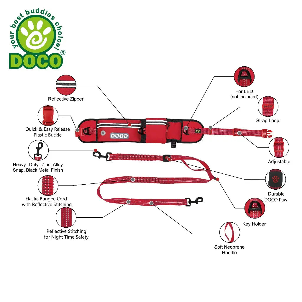 DOCO Lite Reflective Jogging Belt With Reflective Bungee [Bag:2.5 x 76-107cm; Leash: 2.5 x 130-150cm]-Black