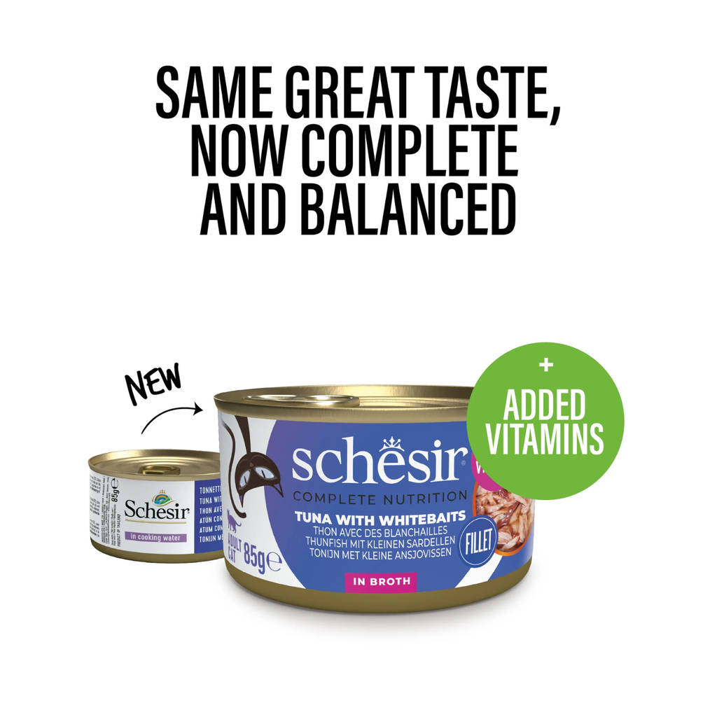 Schesir Complete & Balanced Nutrition Wet Cat Food in Broth Can- Tuna With Whitebait 6x85g