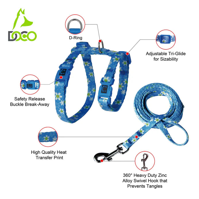 DOCO LOCO Cat Harness + Leash Combo - Printed Pattern 6ft (DCAT202+2072)Sizes - XS