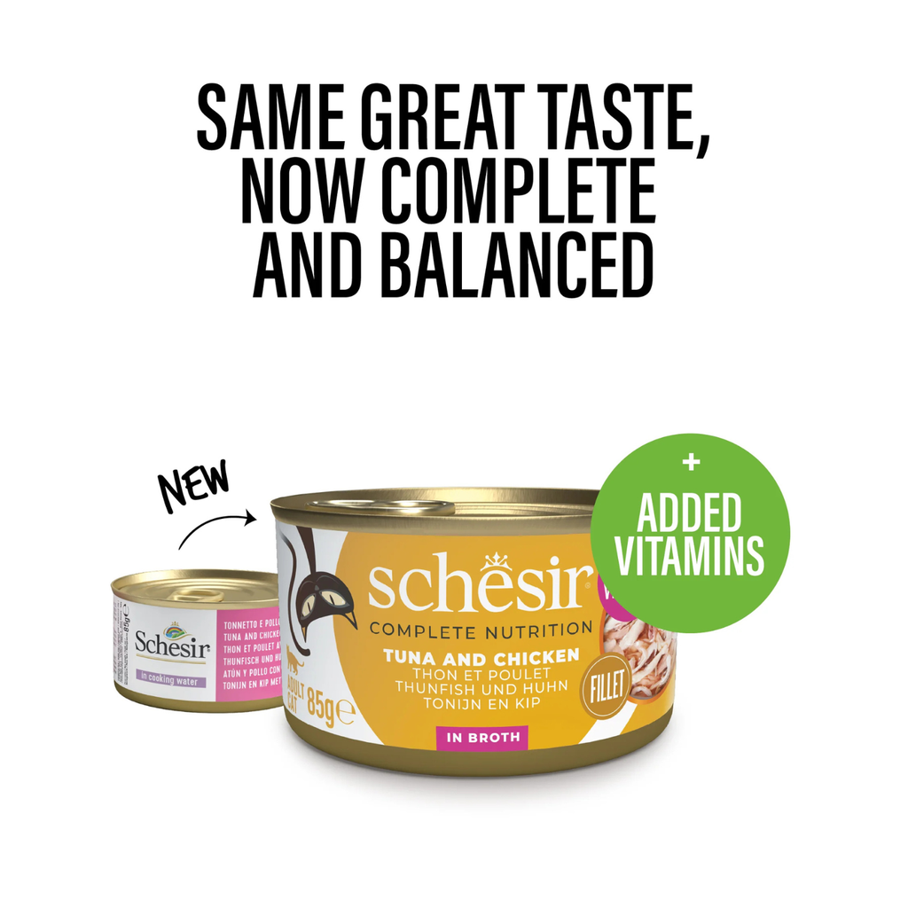 Schesir Complete & Balanced Nutrition Wet Cat Food in Broth Can- Tuna With Chicken 6x85g