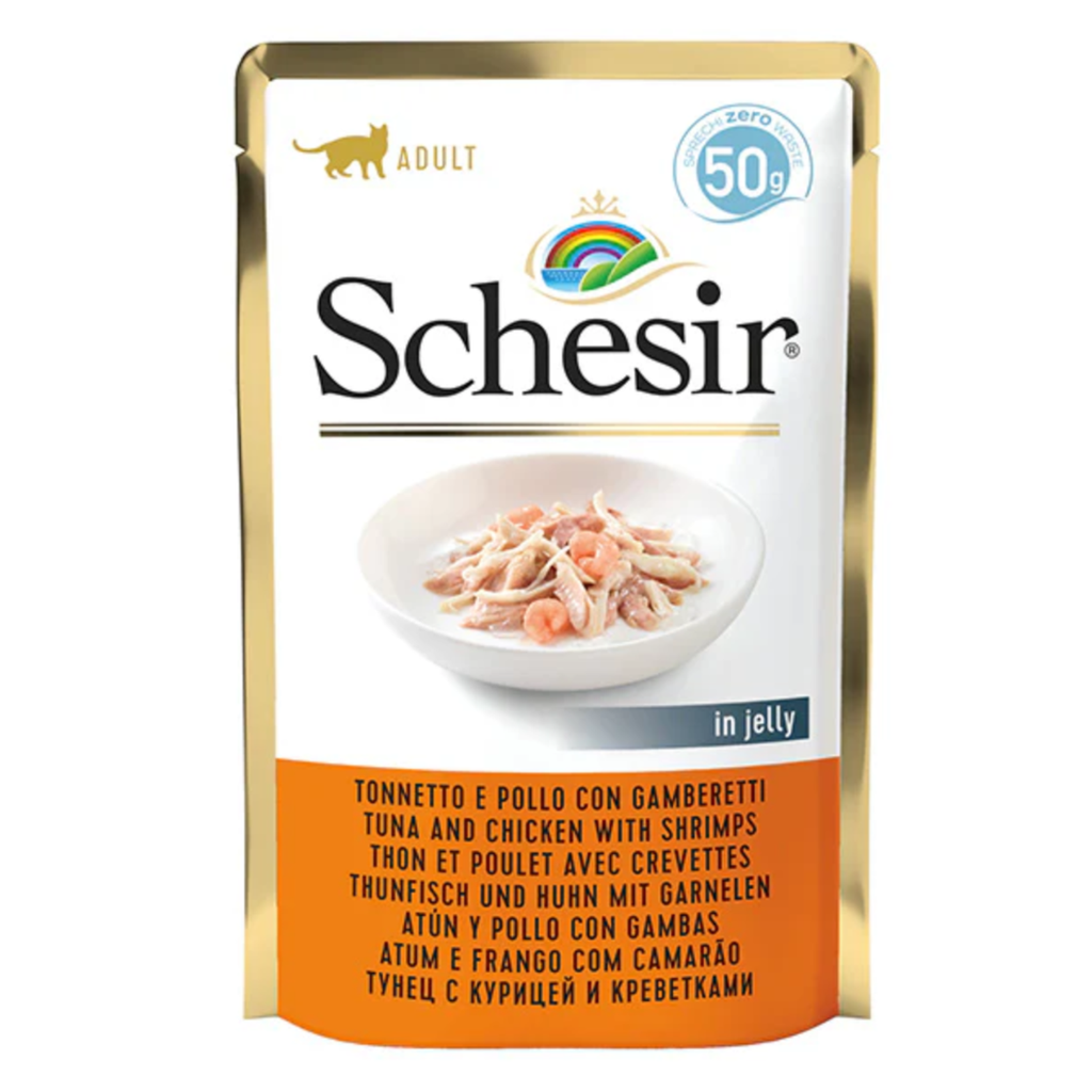 Schesir Cat Pouch-Wet Food Tuna with Chicken with Shrimps-10x50g
