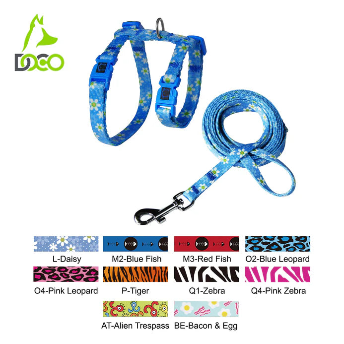 DOCO LOCO Cat Harness + Leash Combo - Printed Pattern 6ft (DCAT202+2072)Sizes - XS