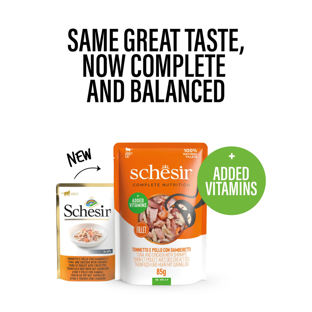 Schesir Complete & Balanced Nutrition Wet Cat Food in Jelly Pouch- Tuna & Chicken With Shrimp 6x85g
