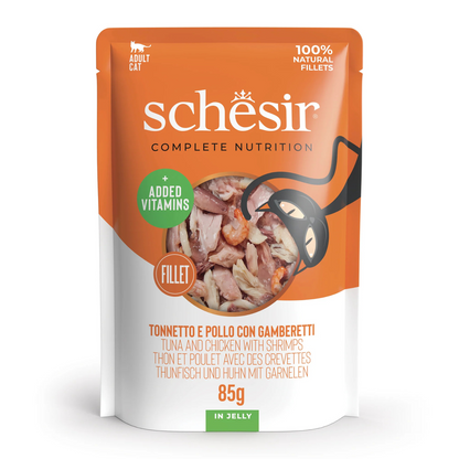 Schesir Complete & Balanced Nutrition Wet Cat Food in Jelly Pouch- Tuna & Chicken With Shrimp 85g