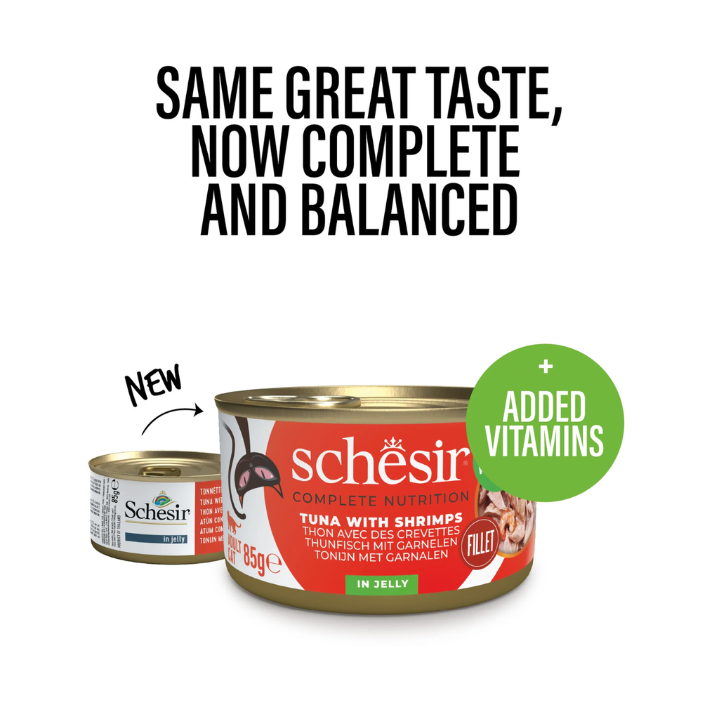 Schesir Complete & Balanced Nutrition Wet Cat Food in Jelly Can- Tuna With Shrimp 6x85g