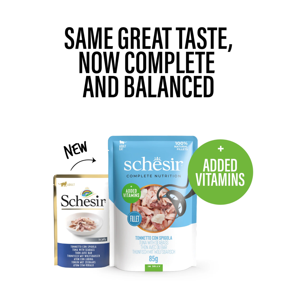 Schesir Complete & Balanced Nutrition Wet Cat Food in Jelly Pouch- Tuna With Seabass 6x85g