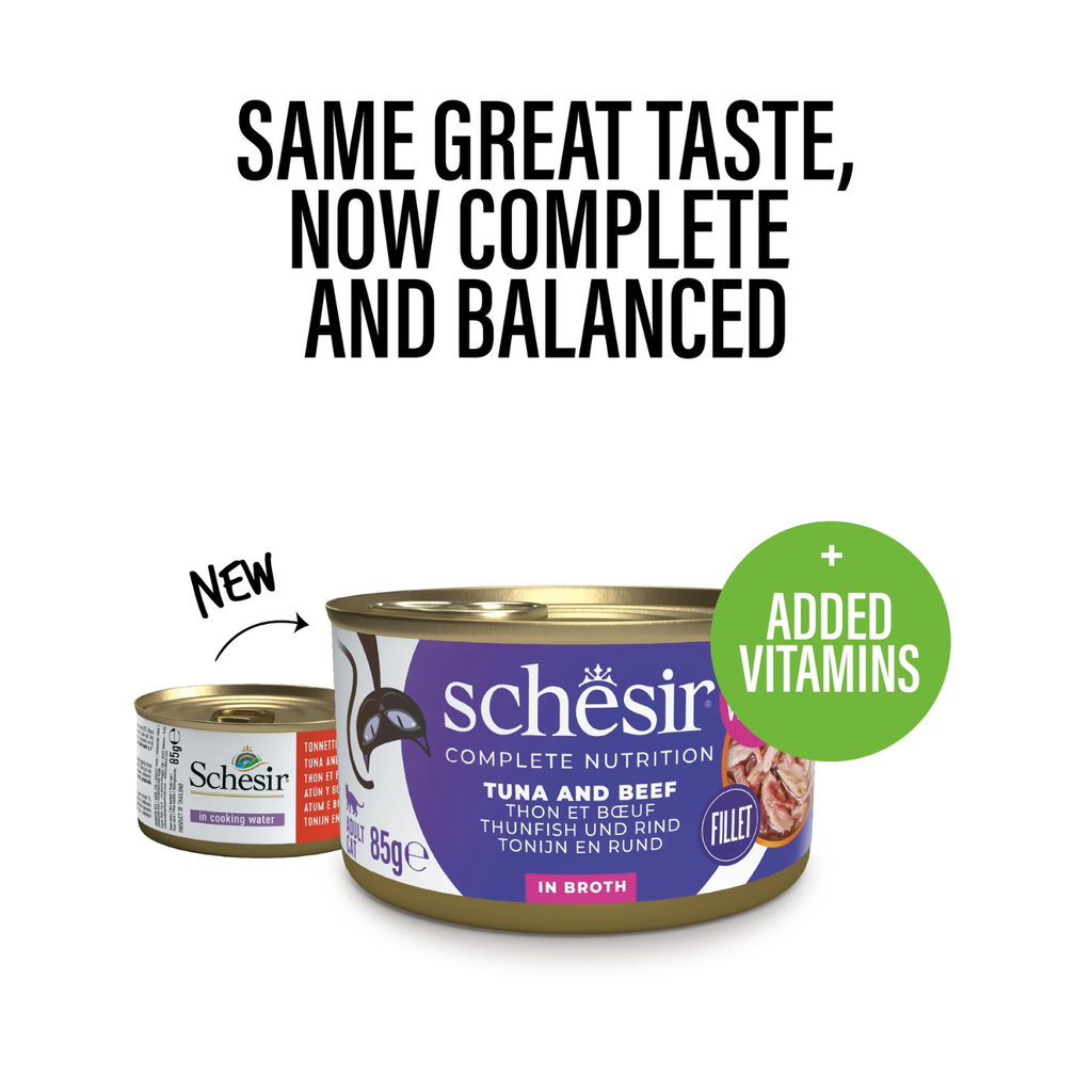 Schesir Complete & Balanced Nutrition Wet Cat Food in Broth Can- Tuna With Beef 6x85g