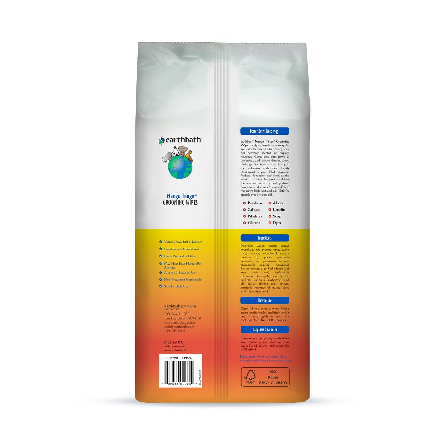 earthbathÂ® Grooming Wipes, Mango Tango, 100 ct